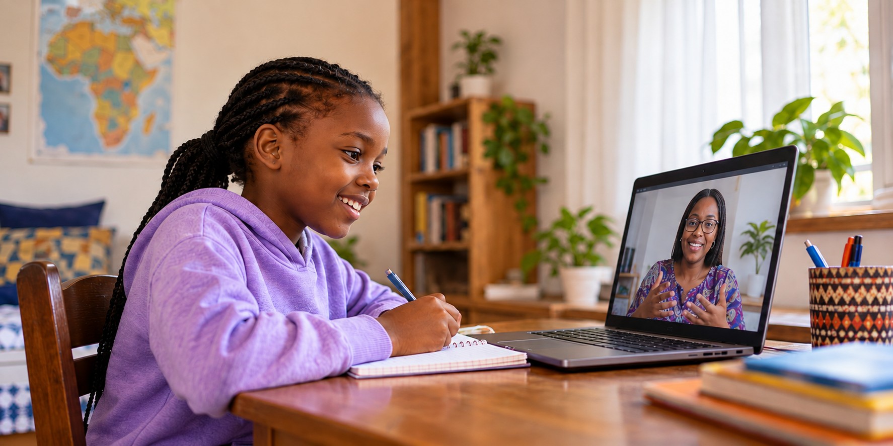 A Kenyan child learning at home with a teacher on her laptop.
